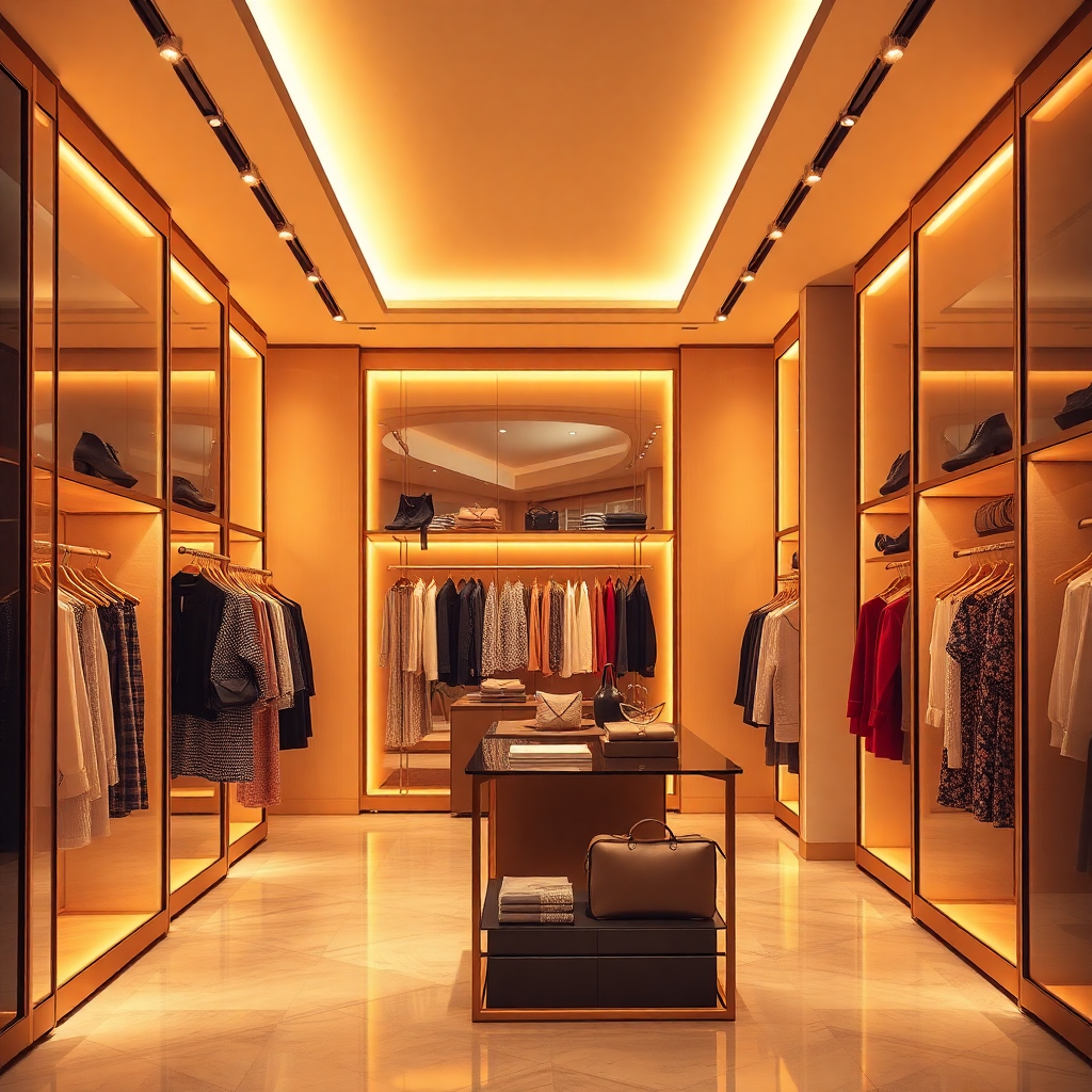 luxury women's fashion boutique interior with warm golden lighting, elegant clothing display, editor