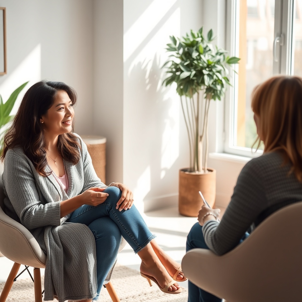 candid photography of a therapy session, two women talking in a bright airy modern room, warm natura