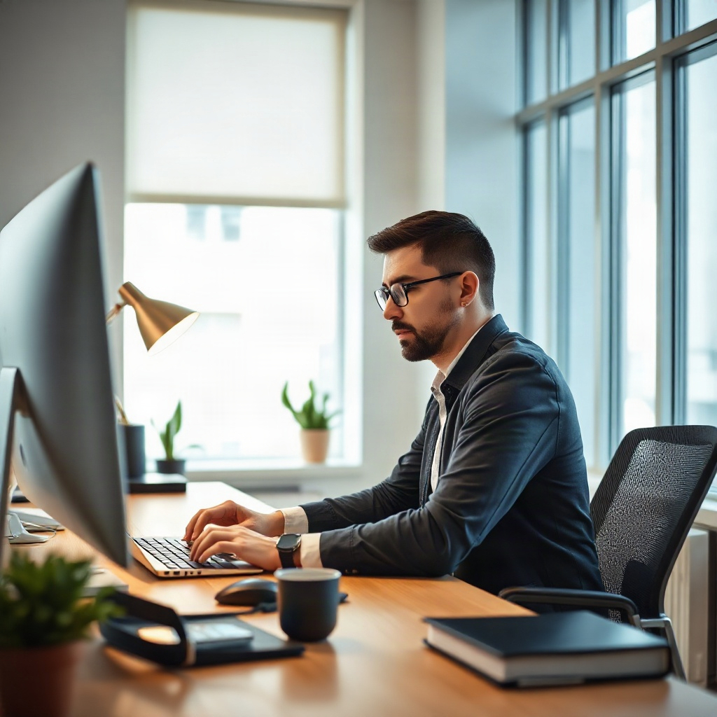 professional adult working in a modern bright office space, focused, clean minimalist desk, premium 