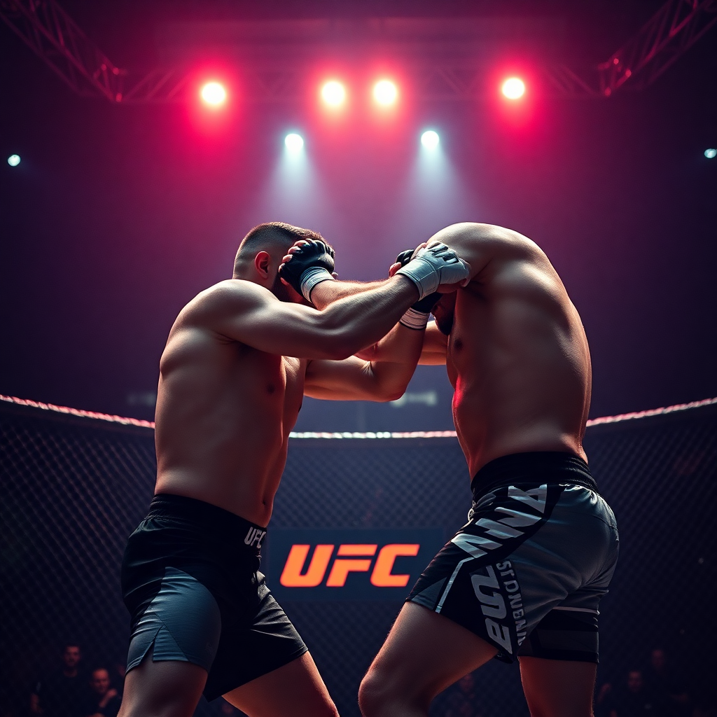 UFC octagon fight close-up two fighters grappling, dark arena dramatic neon lighting
