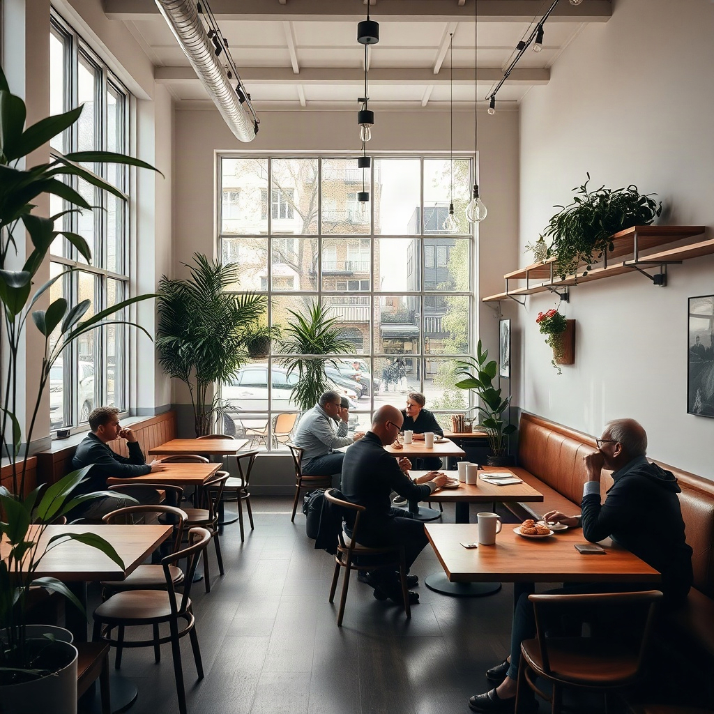 Interior of the Pistachio café with wooden tables, plants and soft daylight