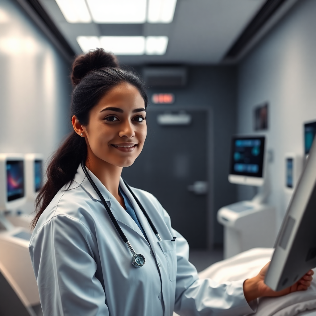 cinematic wide shot of a confident young female medical student practicing on a patient simulator in