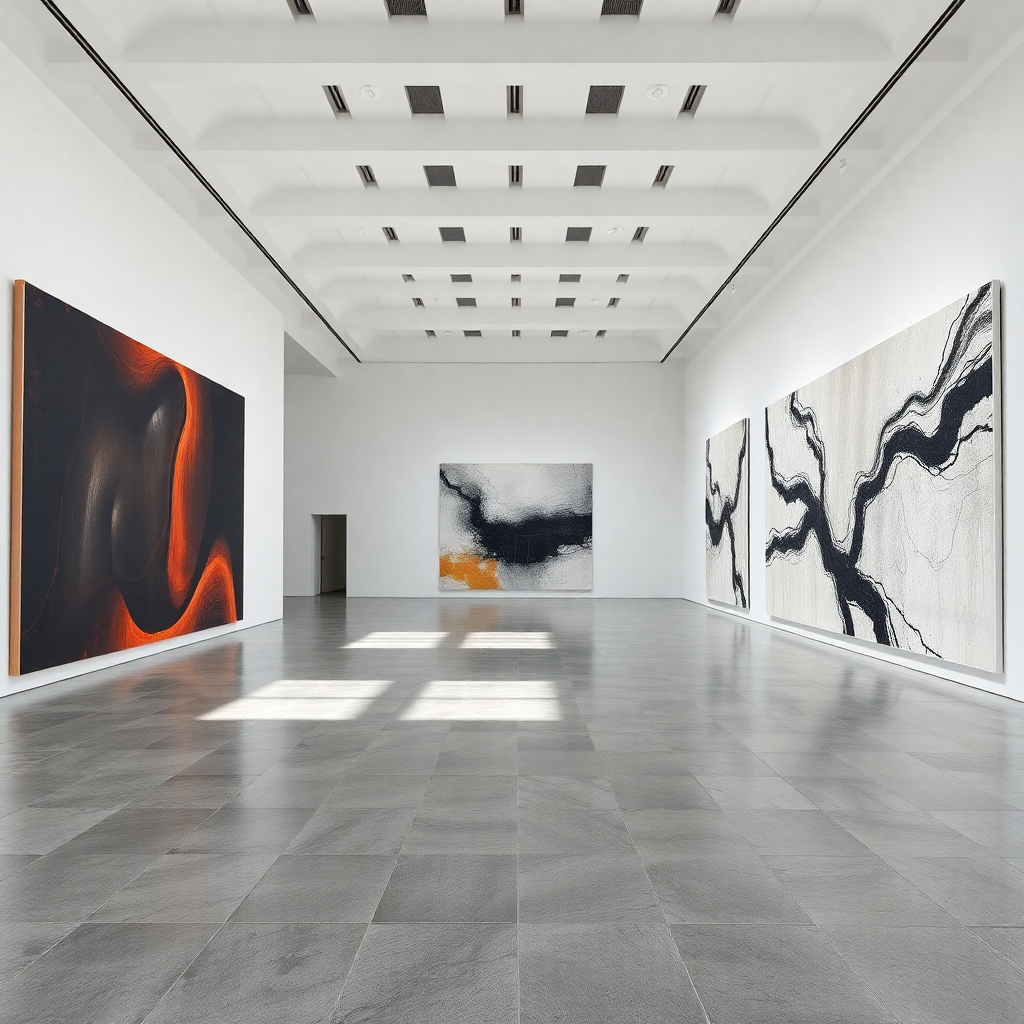 vast contemporary art gallery interior, high white ceilings, large abstract paintings on walls, polished concrete floors