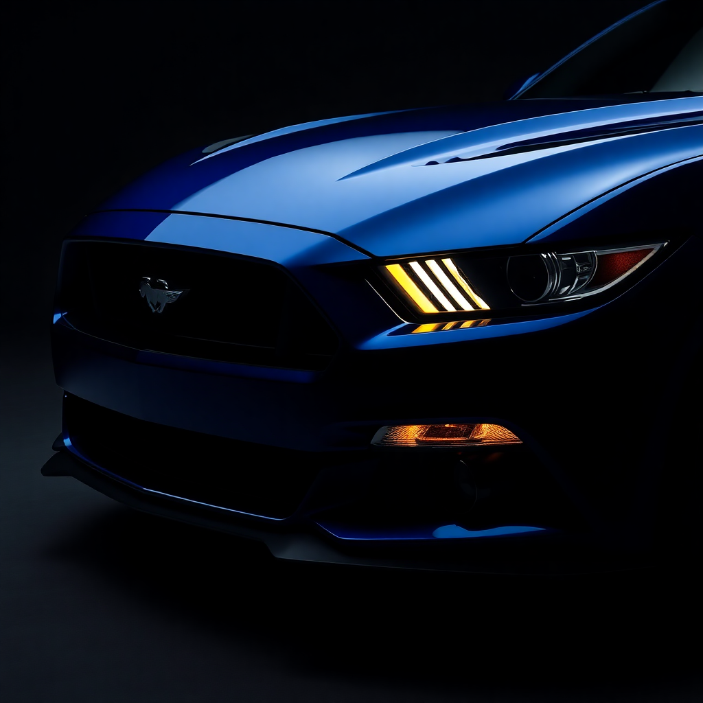 dark studio shot of a deep blue sports coupe front three-quarter view LED headlights, premium automo