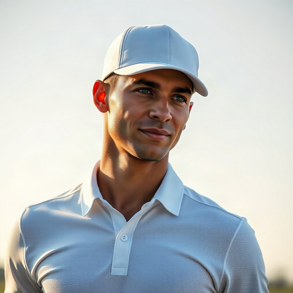 portrait of a professional golfer in white polo shirt, clean aesthetic, soft natural lighting