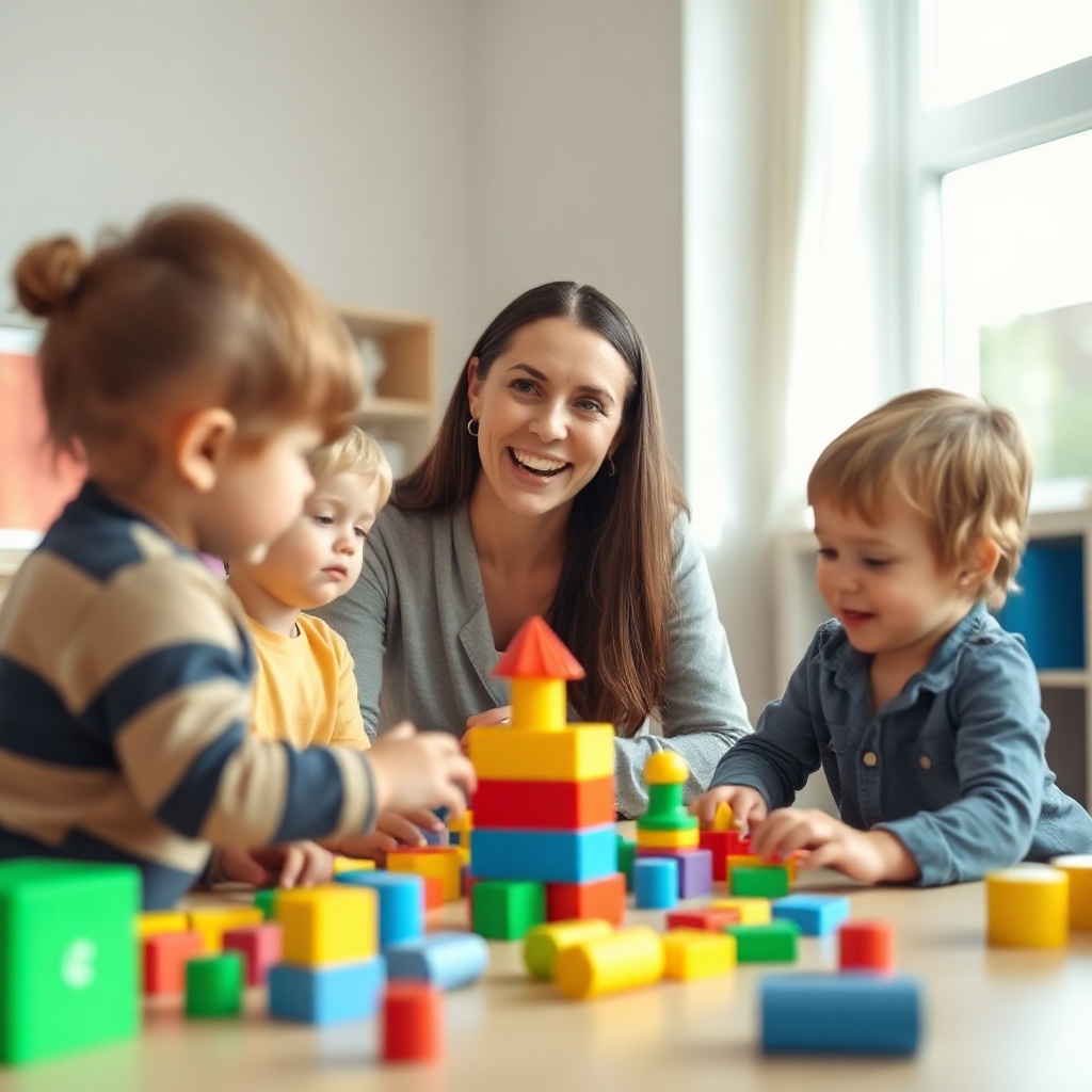 cheerful teacher working with young children in a modern bright classroom, playing with colorful edu