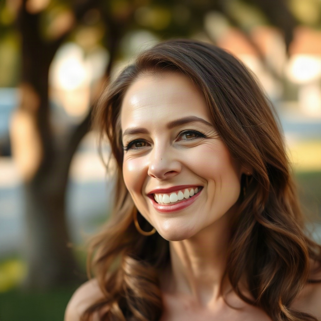 Friendly portrait of a smiling woman in her 40s outdoors, natural light, warm tones, editorial photo