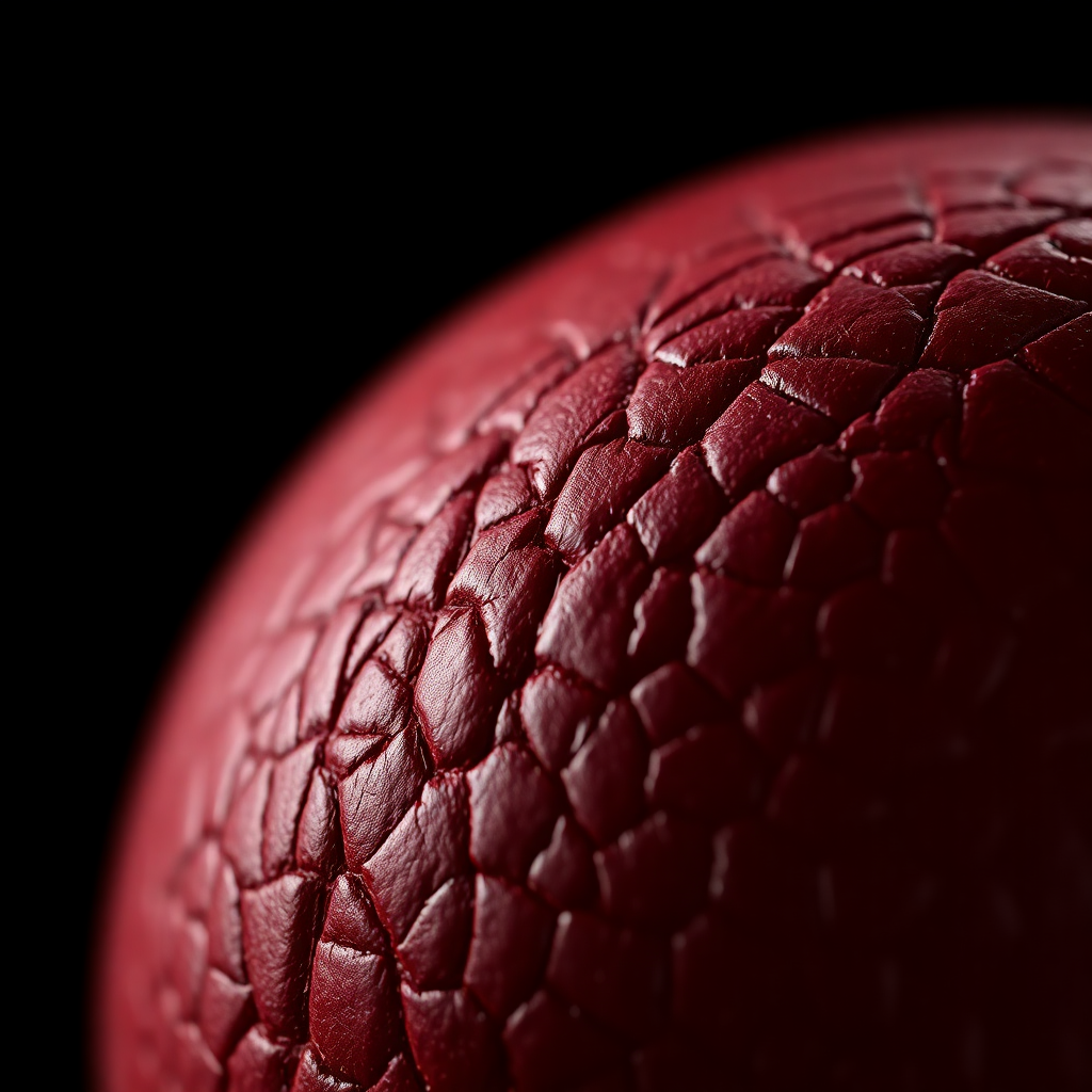macro photo of english willow and red leather cricket ball grain texture