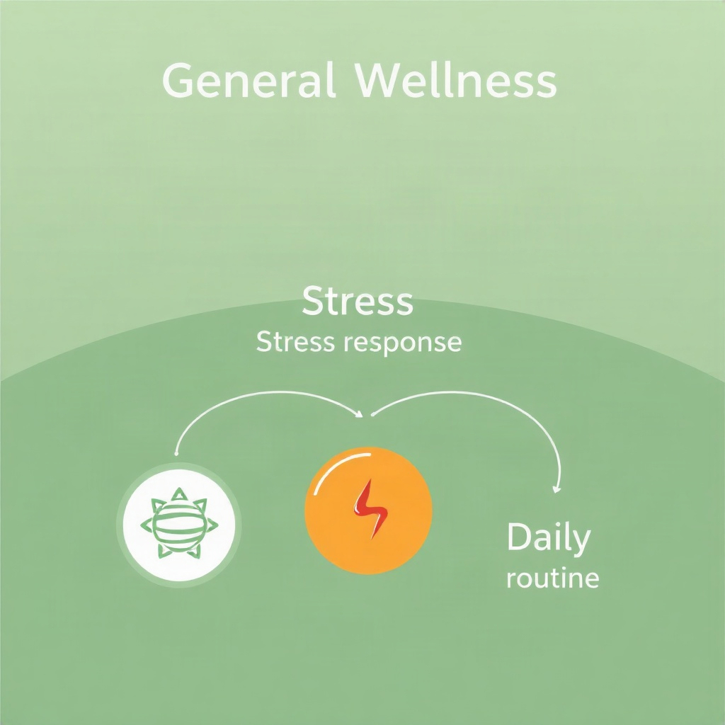 Simple flat graphic illustrating the general wellness mechanism connecting stress response, energy,