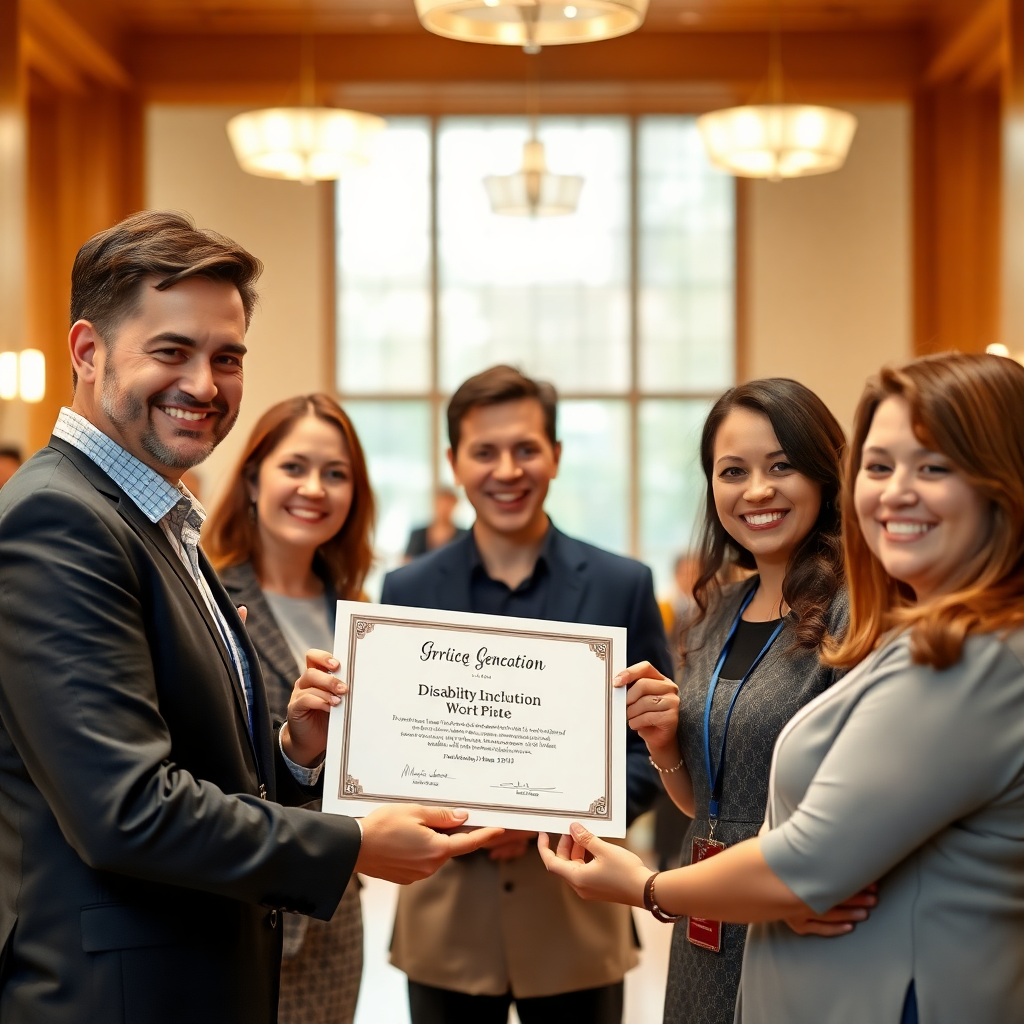 award ceremony with smiling nonprofit staff receiving a certificate for disability inclusion work, b