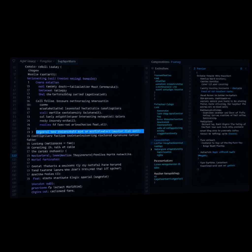 AI-powered code editor dark UI interface, split panel showing COBOL legacy code with AI inline sugge