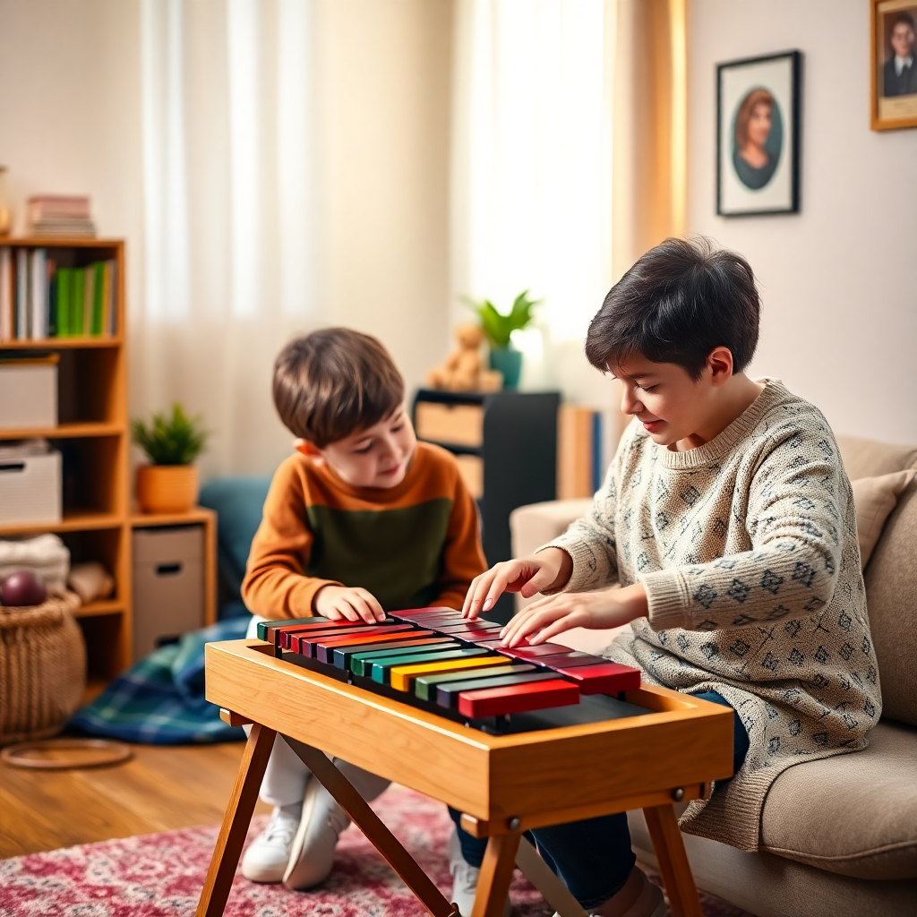 music therapist sitting with a child with autism playing xylophone in warm cozy therapy room, emotio