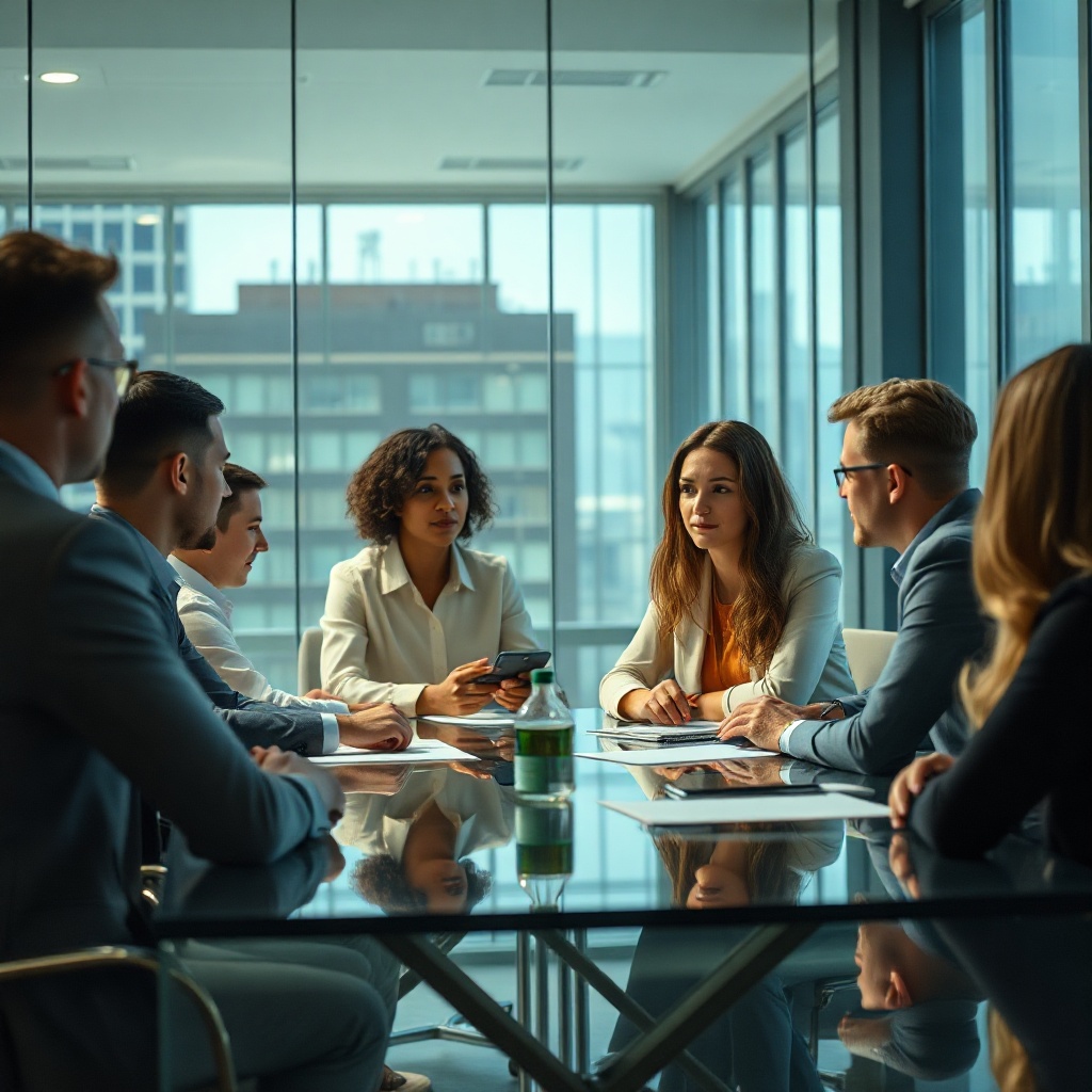 Equipo corporativo colaborando en una sala de juntas moderna