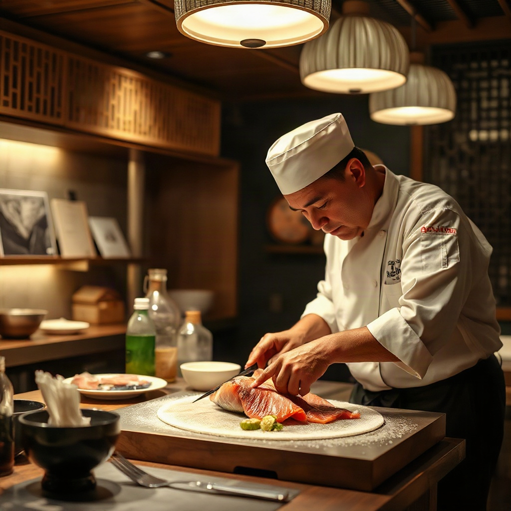 master japanese chef focusing on slicing fresh fish, traditional setting with modern lighting