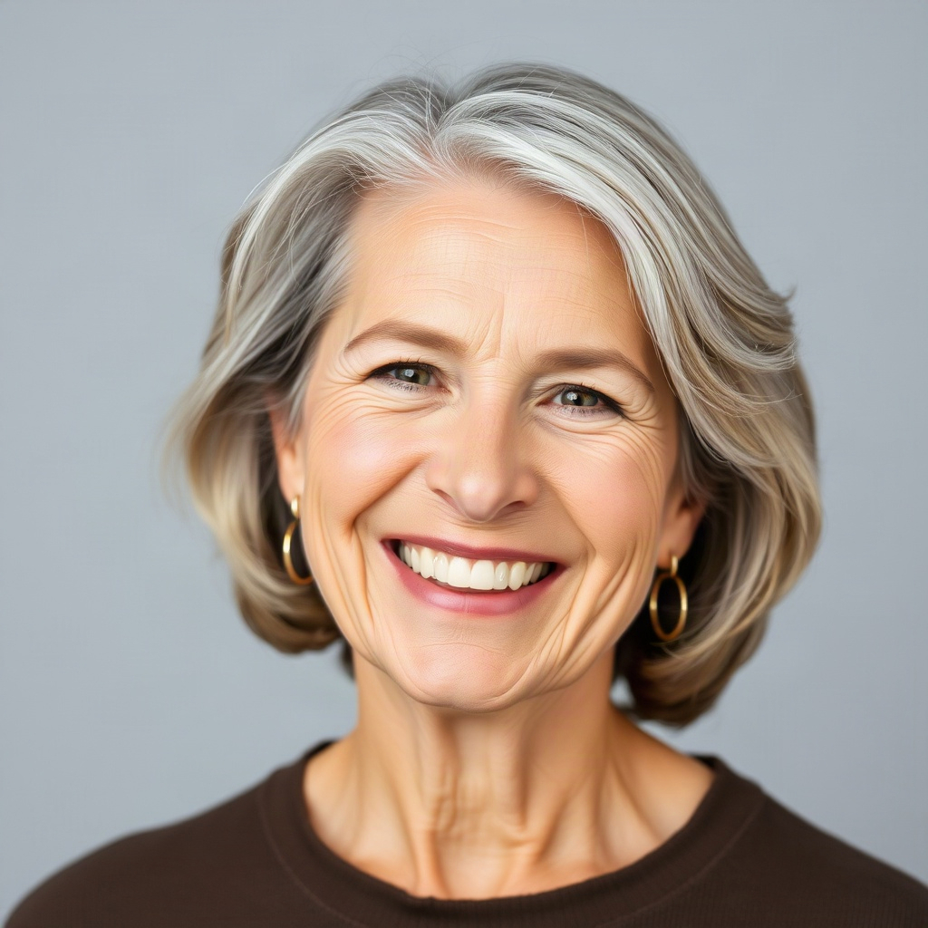 portrait headshot of a cheerful woman in her 50s, warm smile, neutral studio lighting, without backg