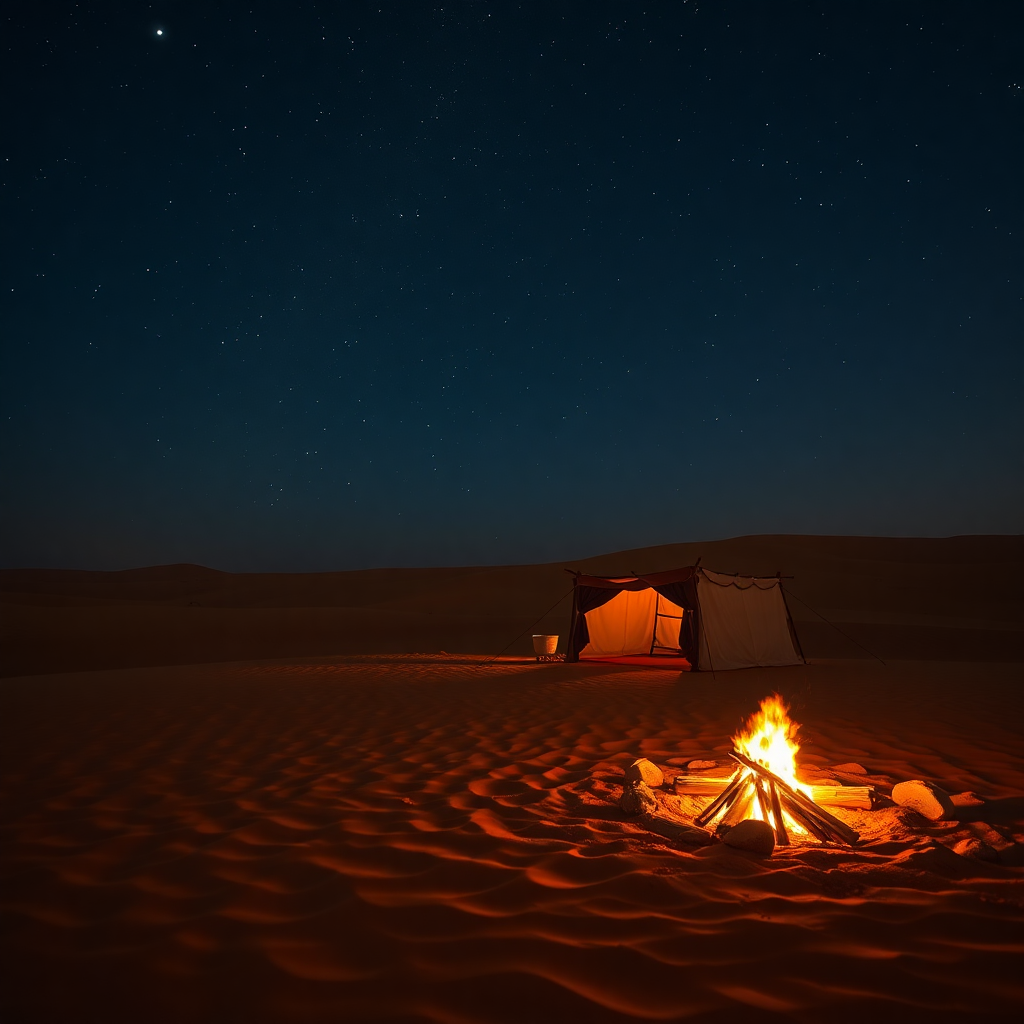 Sahara desert night campfire with Berber tent, stars, sand dunes, warm glowing fire, Morocco travel