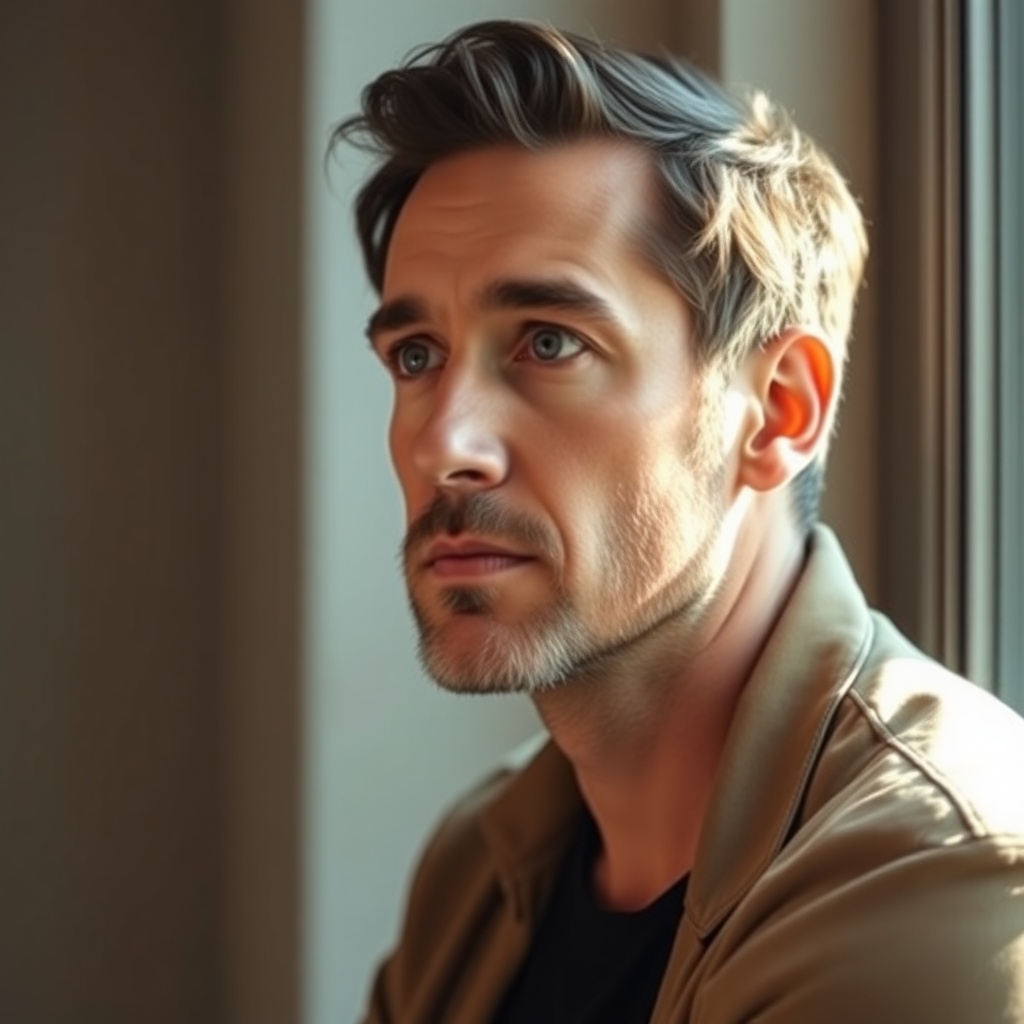portrait of a male creative director, thoughtful gaze, soft window light