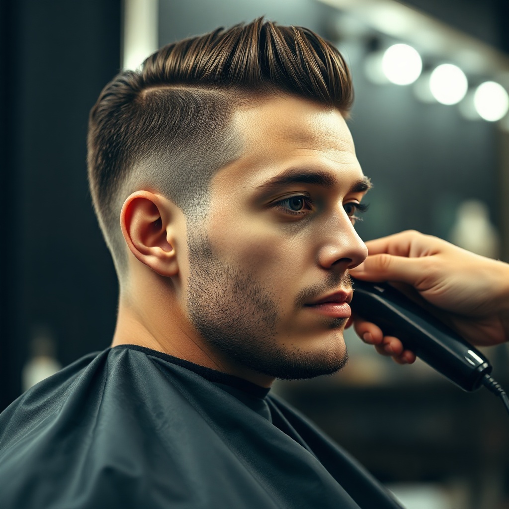 classic and modern men's haircut being performed, barber with clippers, sharp fade, cinematic lighti