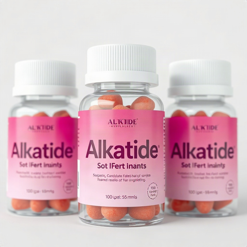 Three clear plastic supplement bottles with white caps, filled with red gummies, pink-to-magenta gra