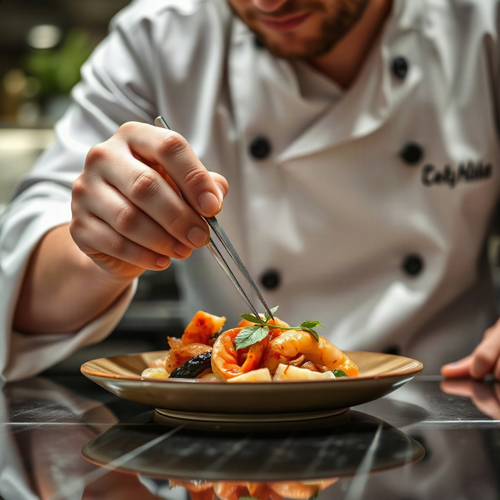 close up of a professional chef plating a delicate seafood dish with tweezers, high-end kitchen atmo