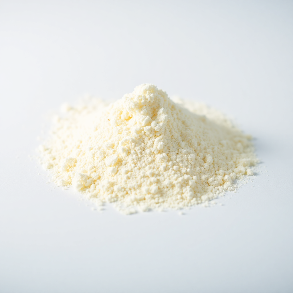 Close-up macro photograph of potato resistant starch powder, pale clinical powder texture, clean lab