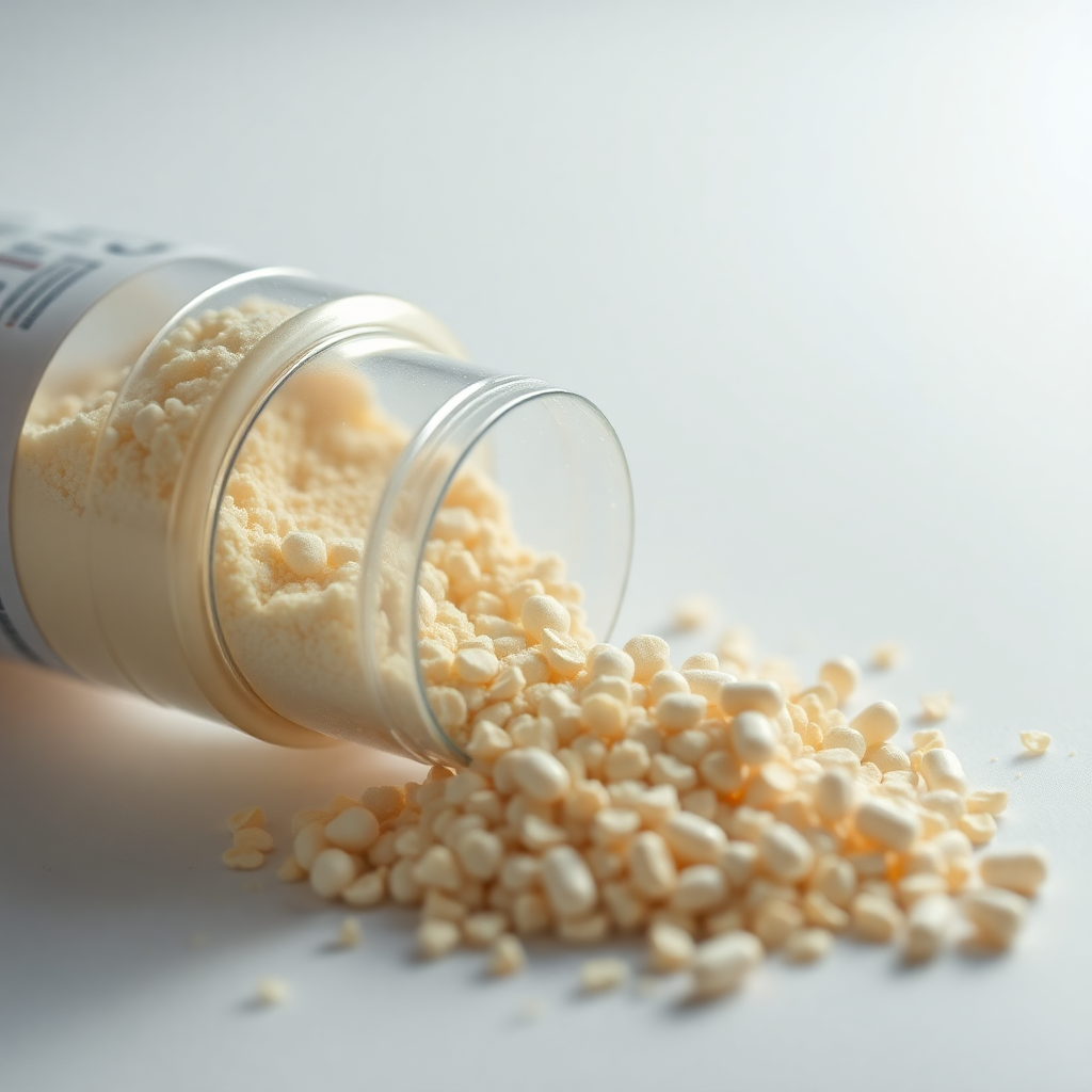 Close-up macro photograph of probiotic capsule powder spilling, tiny granules, clean clinical studio