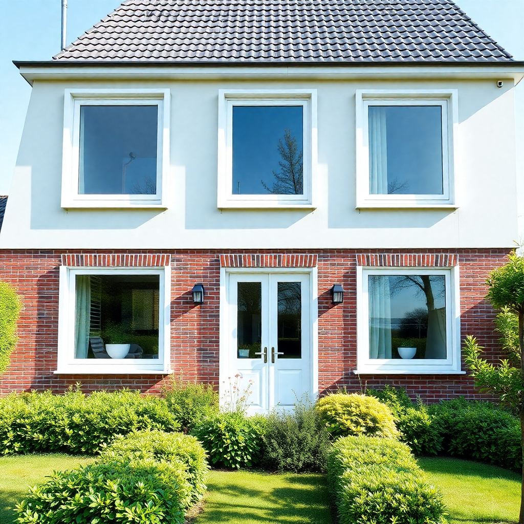 modern Dutch family home exterior with beautiful white PVC plastic window frames, green garden, sunn