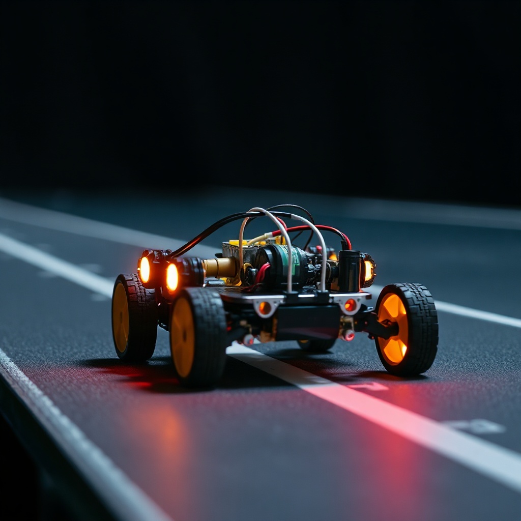 Student-built autonomous robot dustbin on a track, dark background