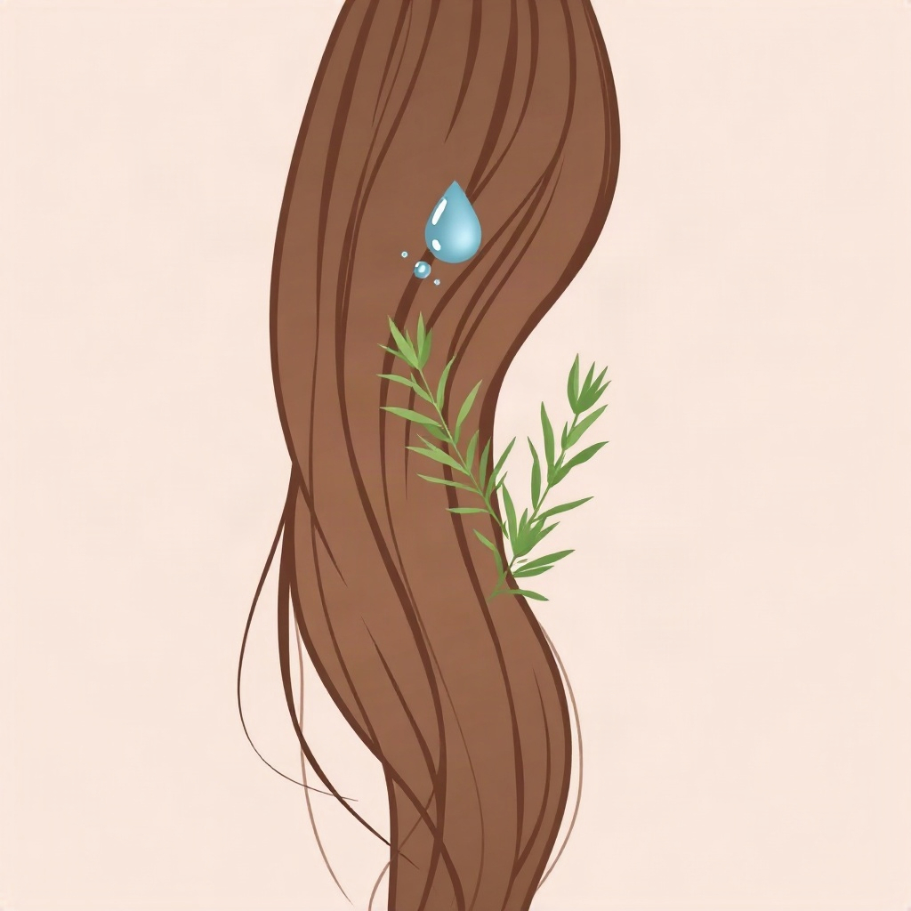 Simple elegant illustration showing a water droplet and botanical rosemary leaf nourishing a strand 