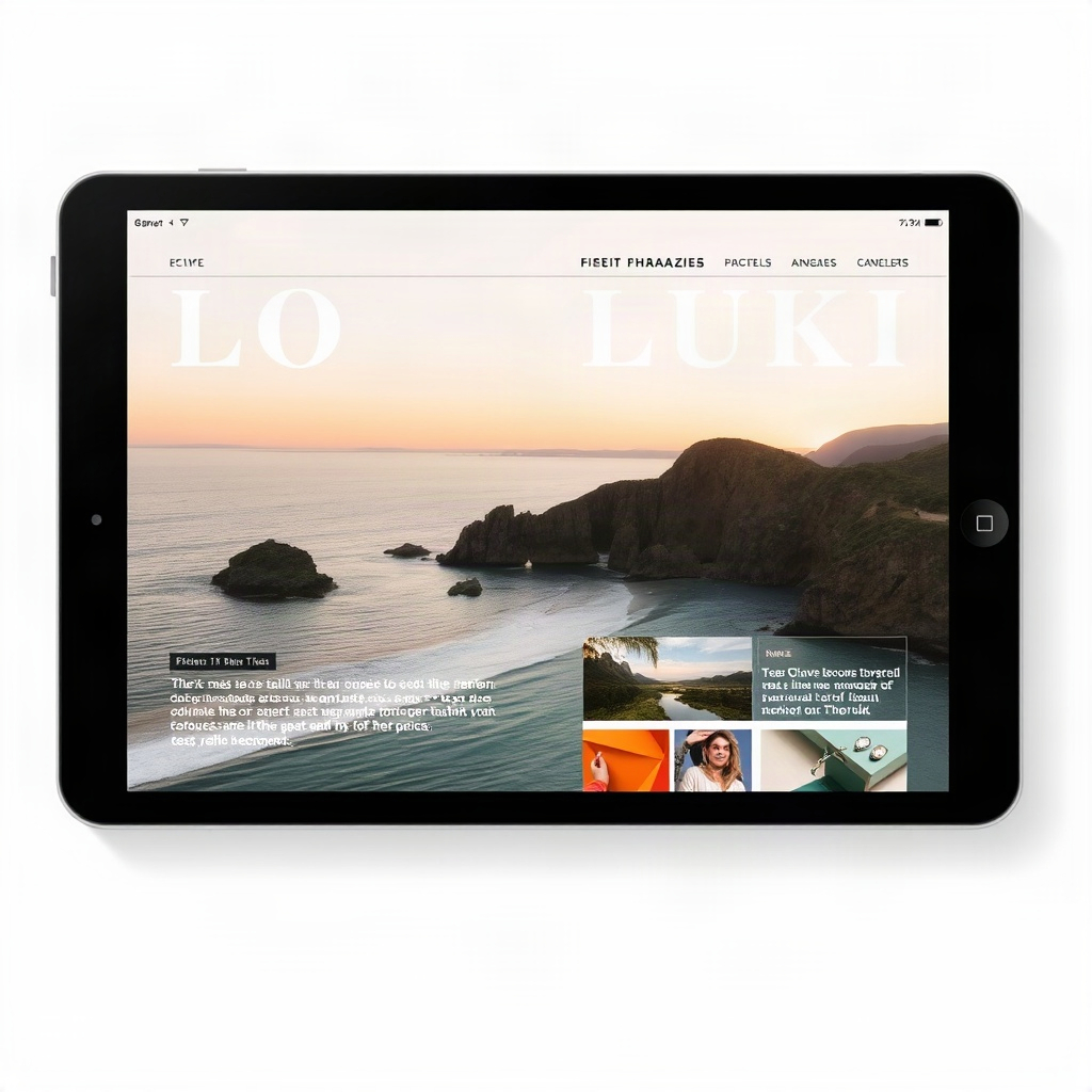 tablet interface showing a lifestyle magazine layout, editorial design