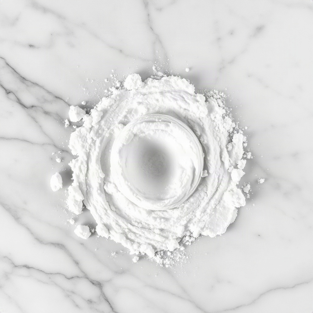 fresh L-Arginine powder on marble surface, pharmaceutical style, clean aesthetic