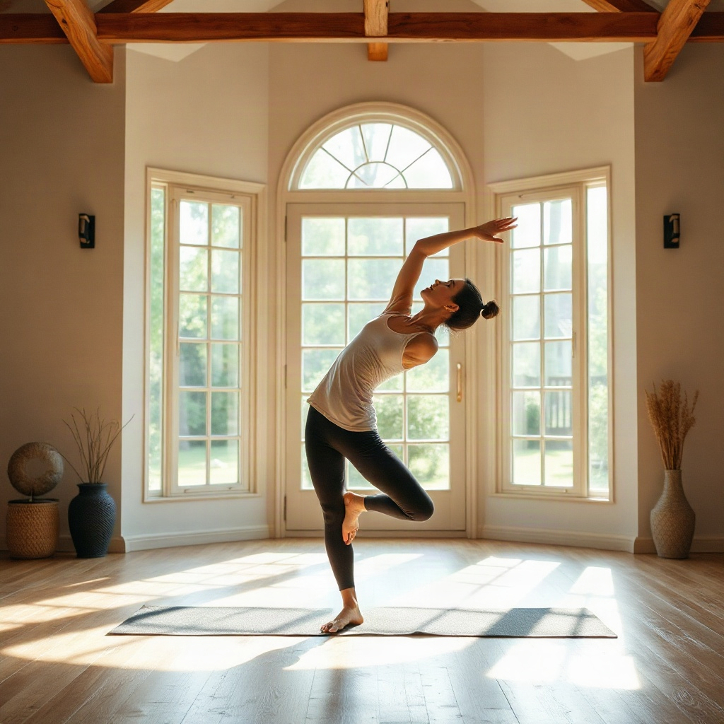 active adult performing yoga or light exercise in a bright airy room, holistic wellness, premium pho