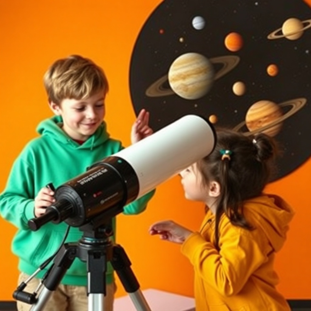 kids learning about planets and stars, telescope, educational setting, vibrant orange background