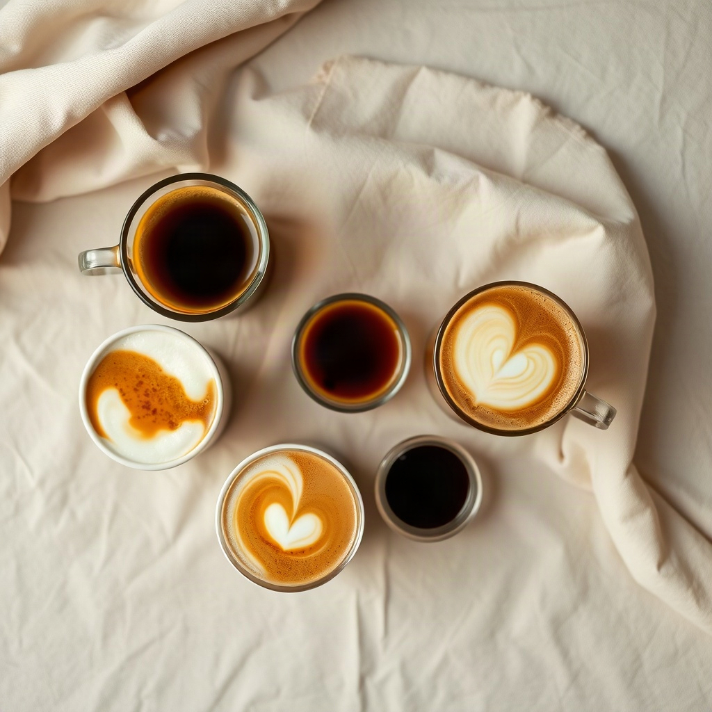 Overhead view of espresso, lattes and cold brew arranged on linen
