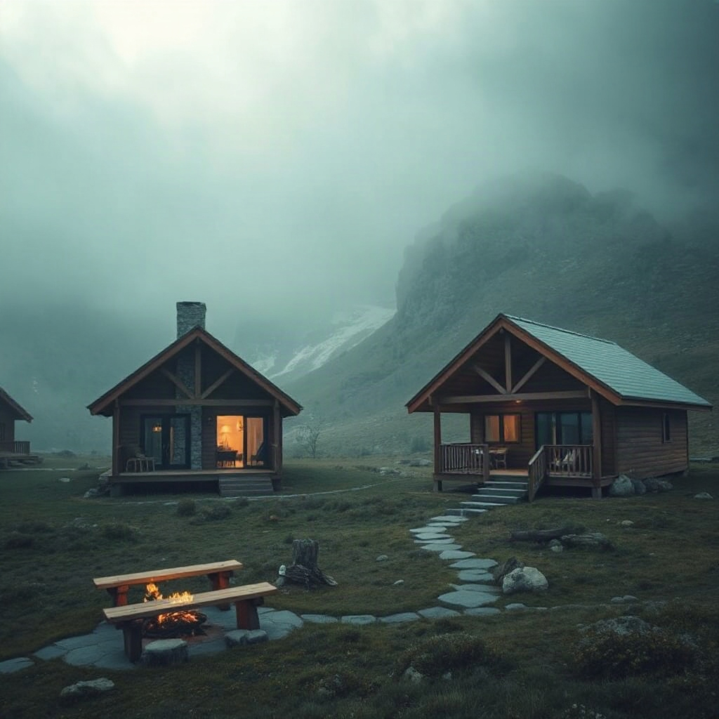 modern minimalist wooden cabins in a mountain landscape, foggy atmosphere, cinematic lighting, edito