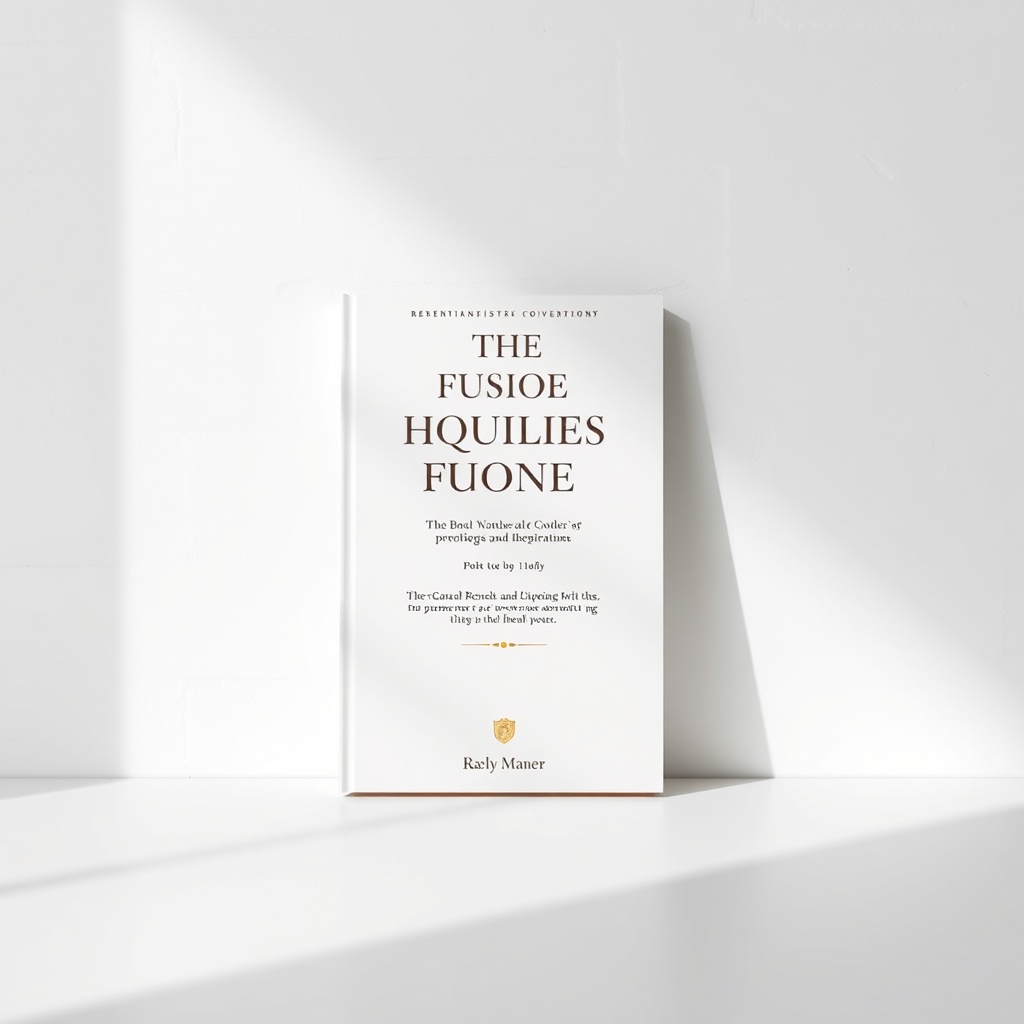 highly detailed realistic book cover leaning against a minimalist white wall, soft shadows, elegant 