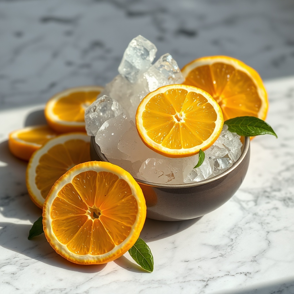 electrolyte mineral crystals and fresh citrus slices arranged on marble, bright editorial food styli