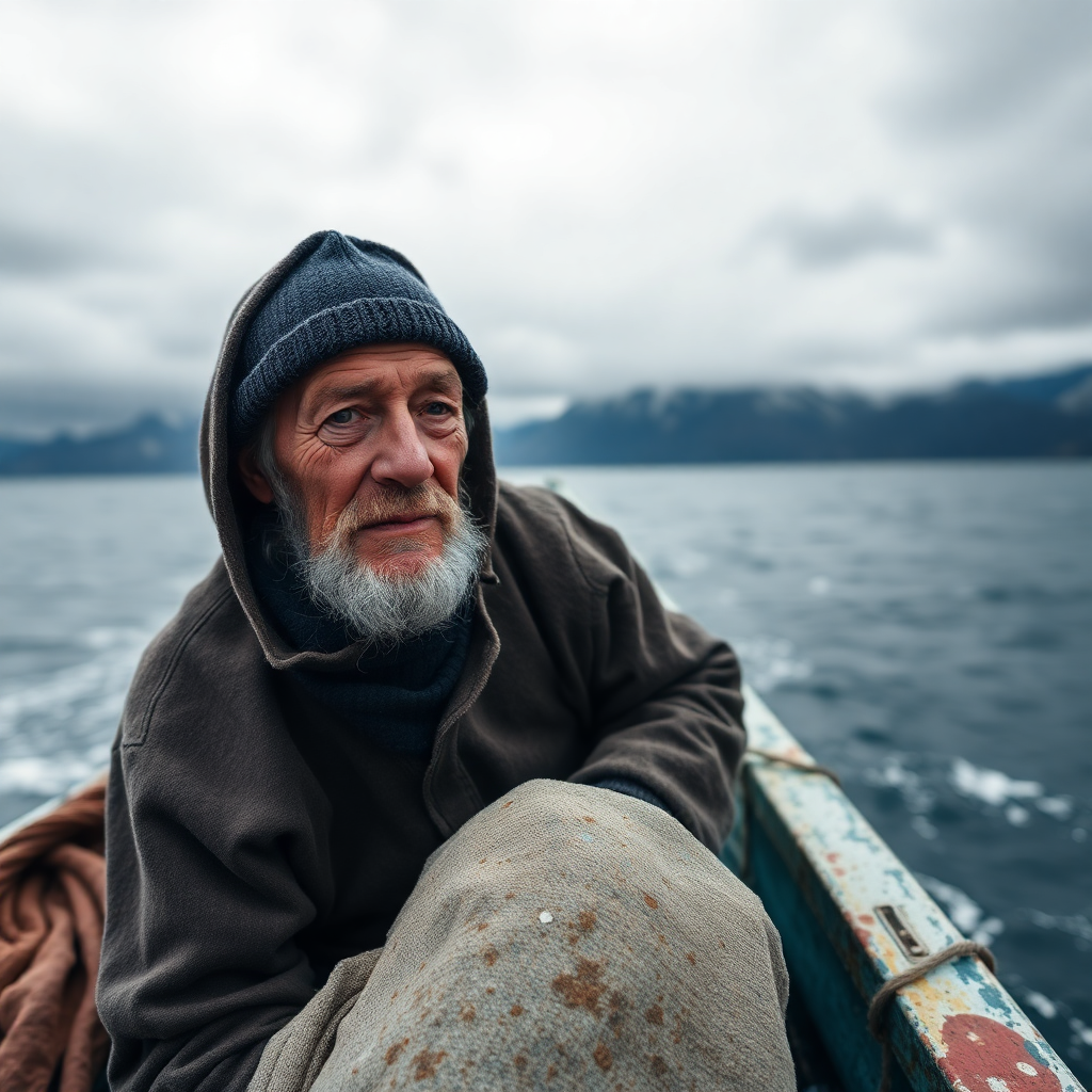 old fisherman on boat in Patagonia Argentina, dramatic ocean landscape, weathered face portrait, cinematic
