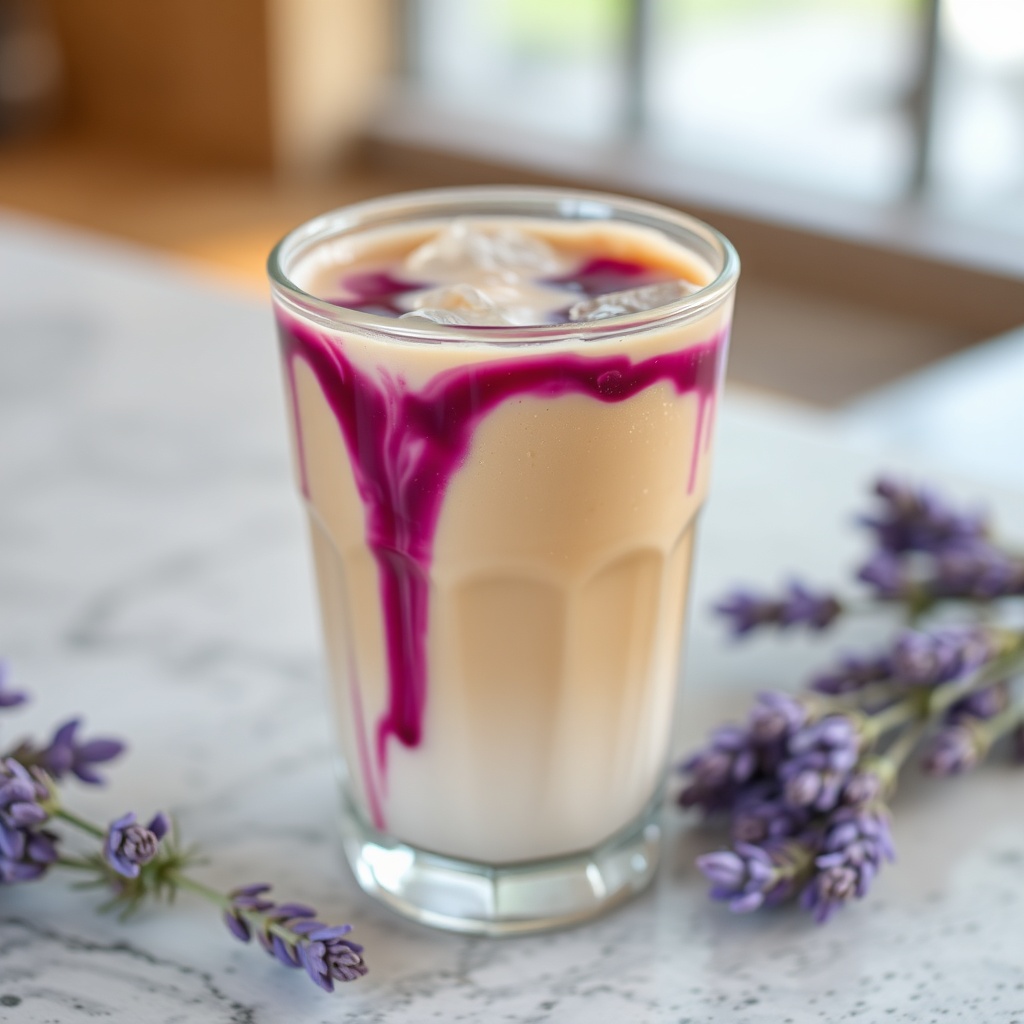 lavender latte iced coffee drink in a clear cup with purple lavender syrup swirl, aesthetic drink