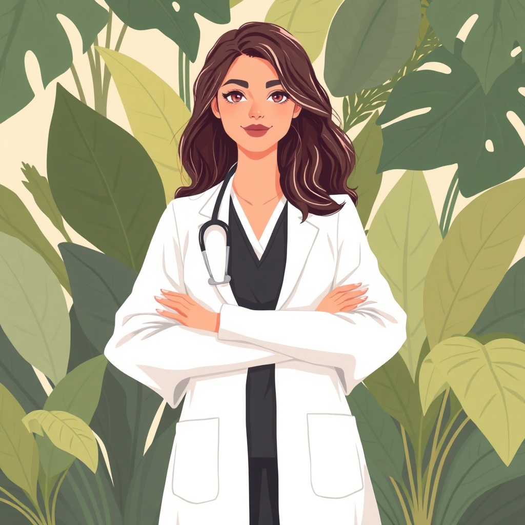 female doctor in white coat with dark vest standing confidently, tropical green plants background, s