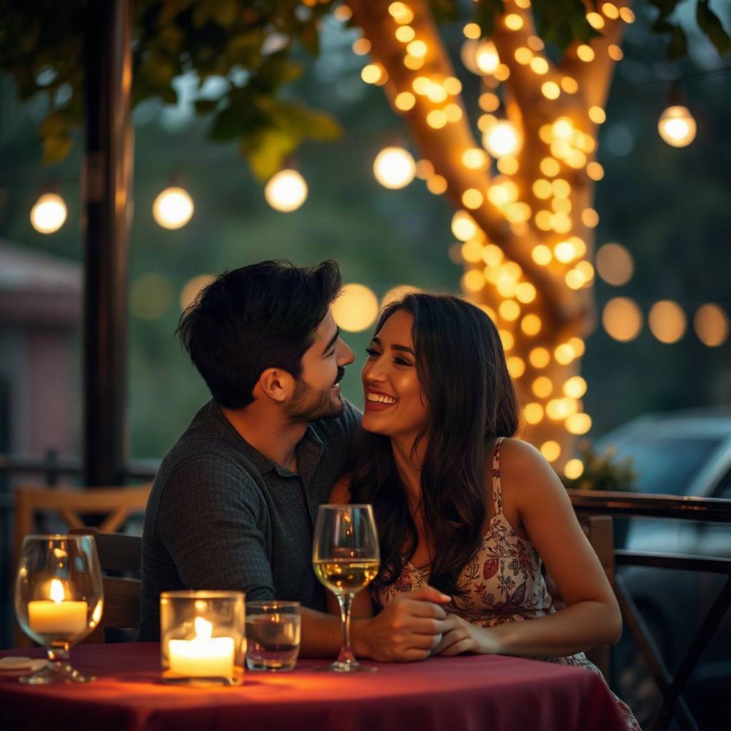 couple enjoying a romantic evening date, soft warm lighting, intimate atmosphere, happiness