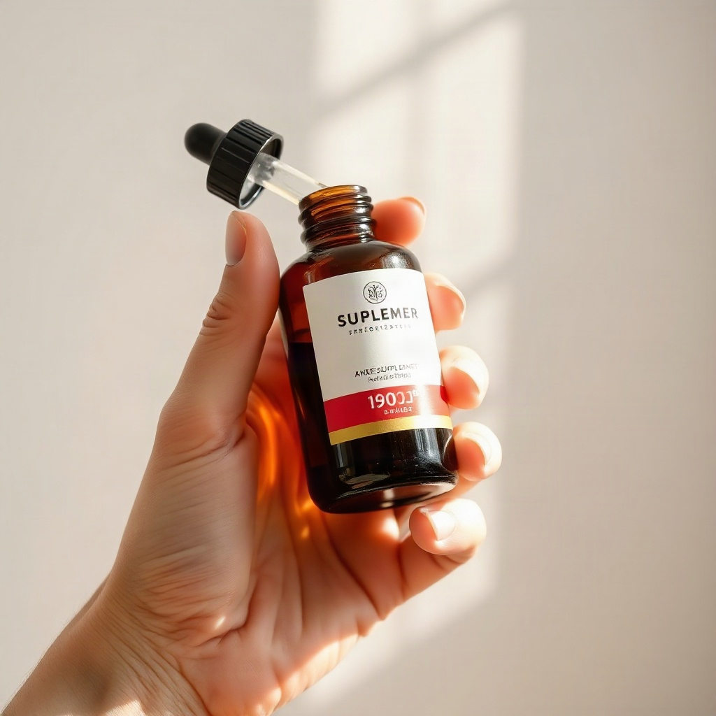 A hand holding an amber dropper bottle of liquid supplement with dropper cap open, showing scale, so