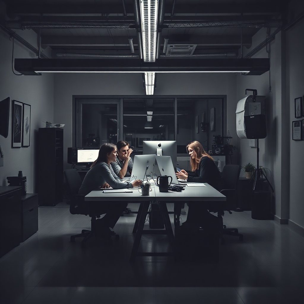 modern creative workspace with a team collaborating in a minimalist high-tech office, cinematic ligh