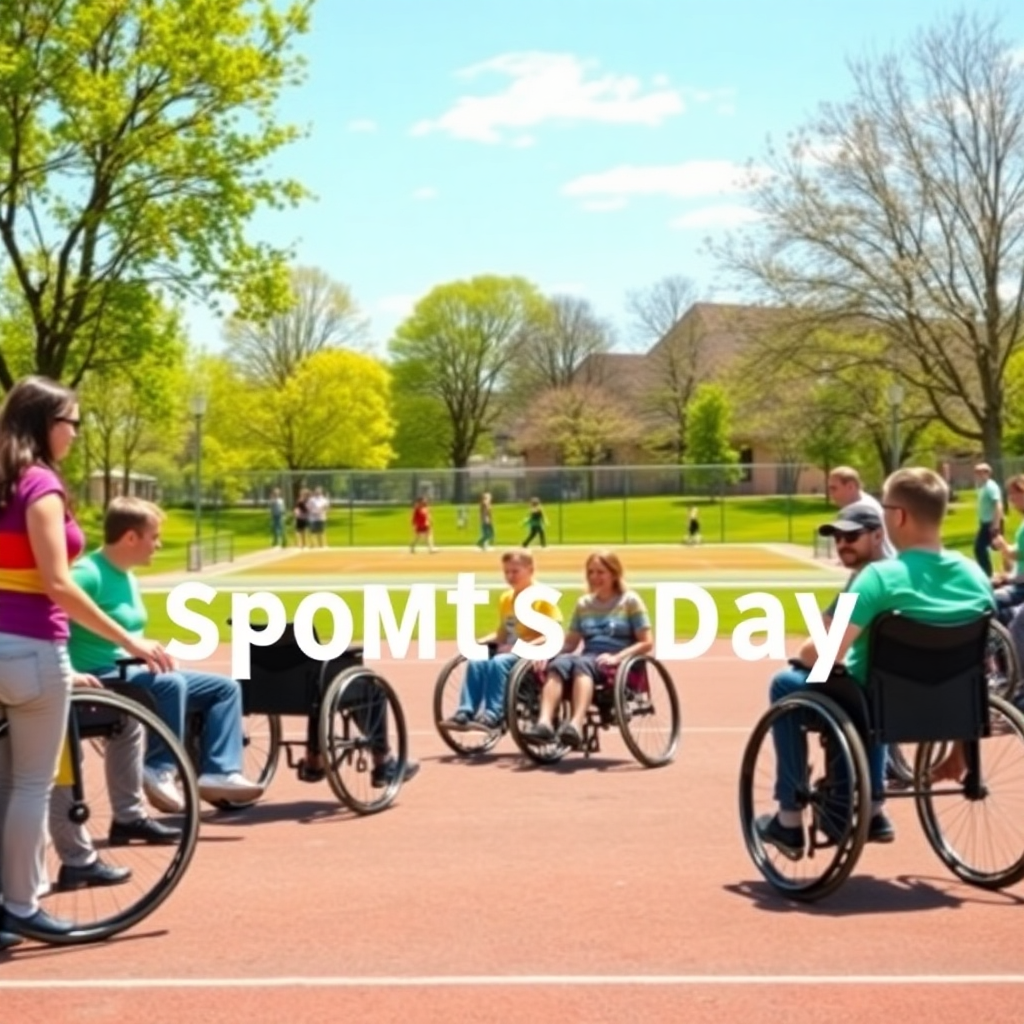 inclusive sports day outdoors with people with disabilities and volunteers playing wheelchair sports