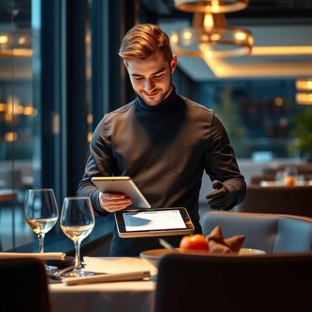 Modern waiter taking order on sleek tablet at high-end restaurant table, warm moody lighting