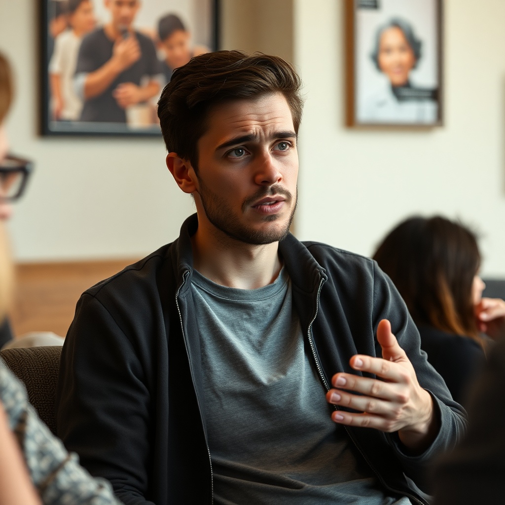 Person pausing mid-conversation trying to remember a word, frustration, candid lifestyle photography