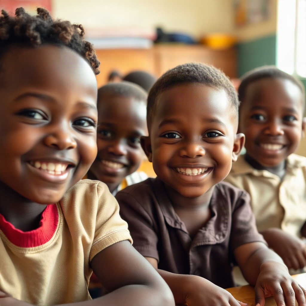 smiling South African preschool children in a bright classroom, high quality documentary style, warm