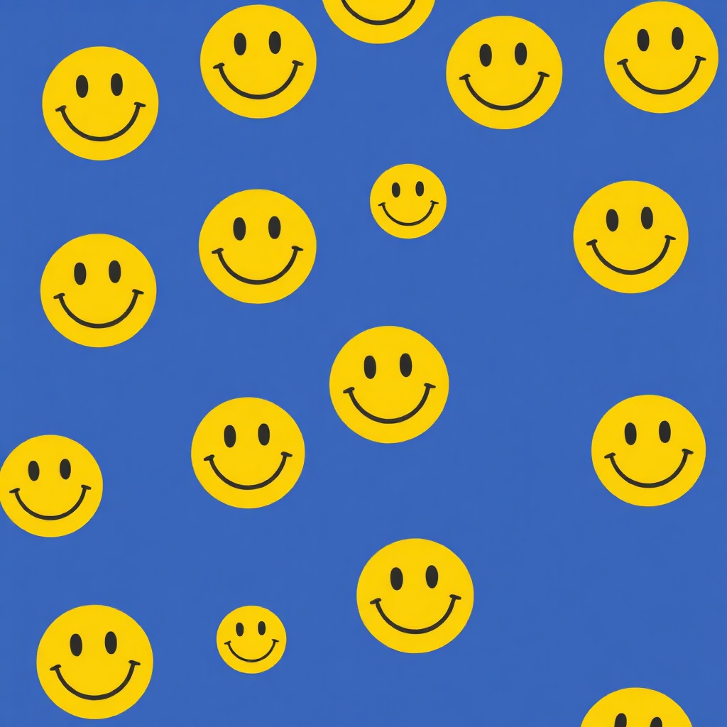 minimalist illustration of yellow smiling faces, pop art style, repetitive pattern