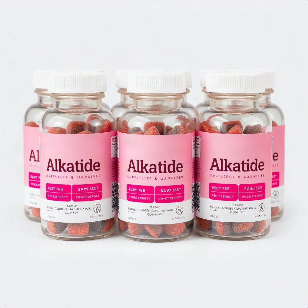 Six clear plastic supplement bottles with white caps, filled with red gummies, pink-to-magenta gradi