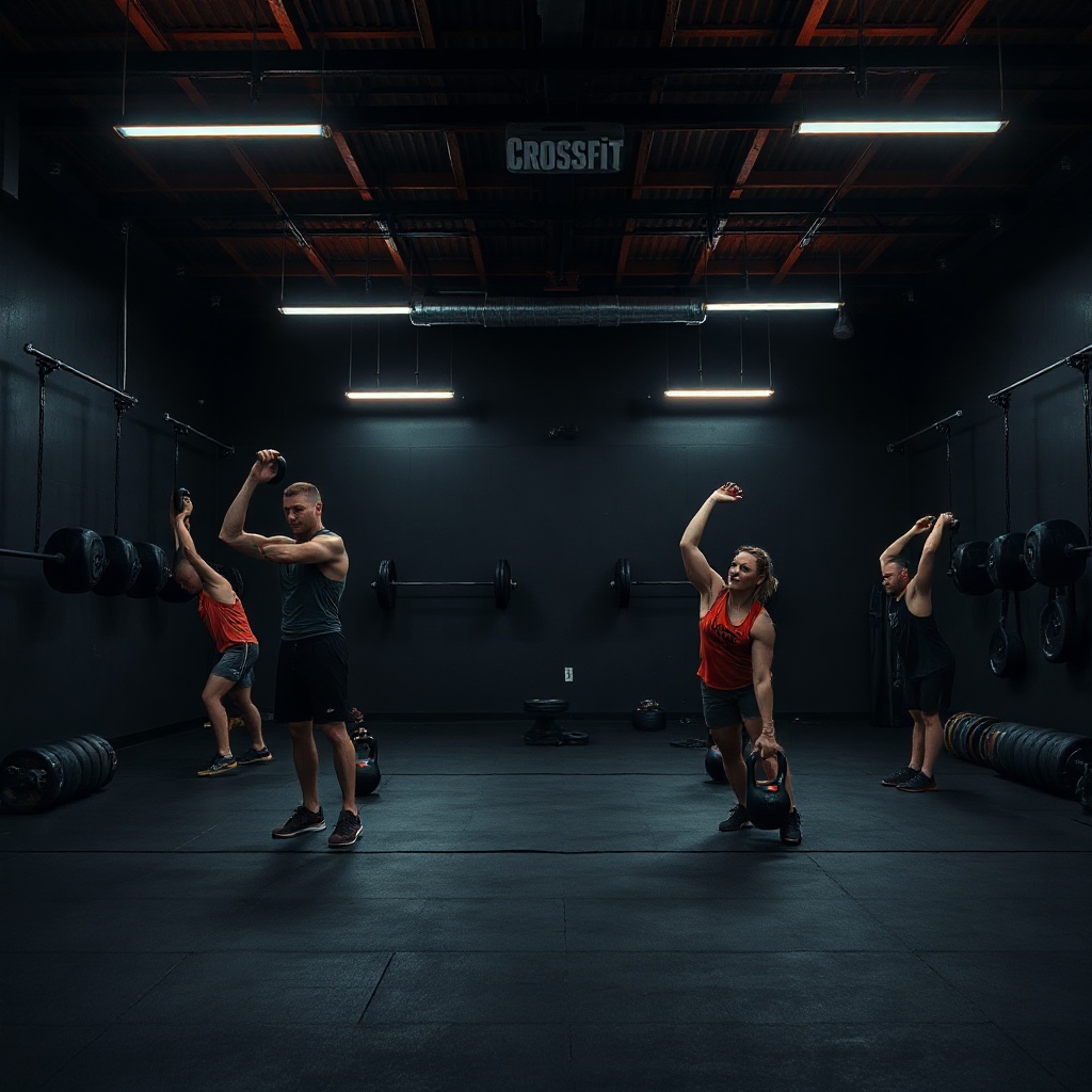 crossfit functional training area, athletes doing kettlebell swings, dark gym environment, editorial
